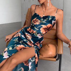 New Floral Print Drape Neck Split Thigh Satin Dress